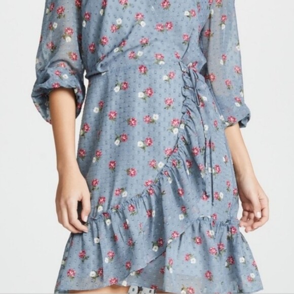 WAYF Women’s Wrap Dress XS Blue Pink Floral Long Sleeve Sheer Romantic - Picture 3 of 13